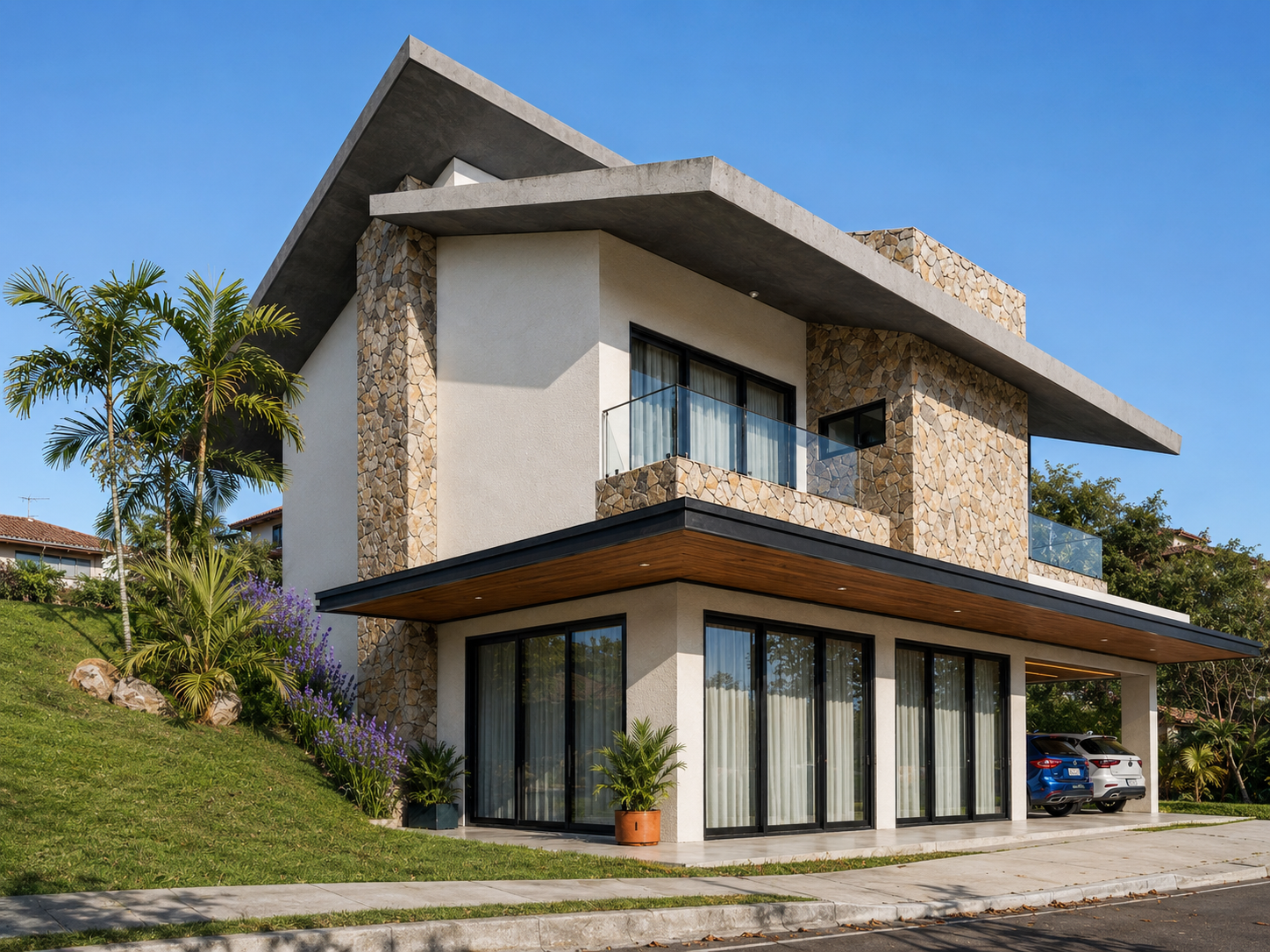 Residência unifamiliar com pedra natural, grandes beirais e jardim
