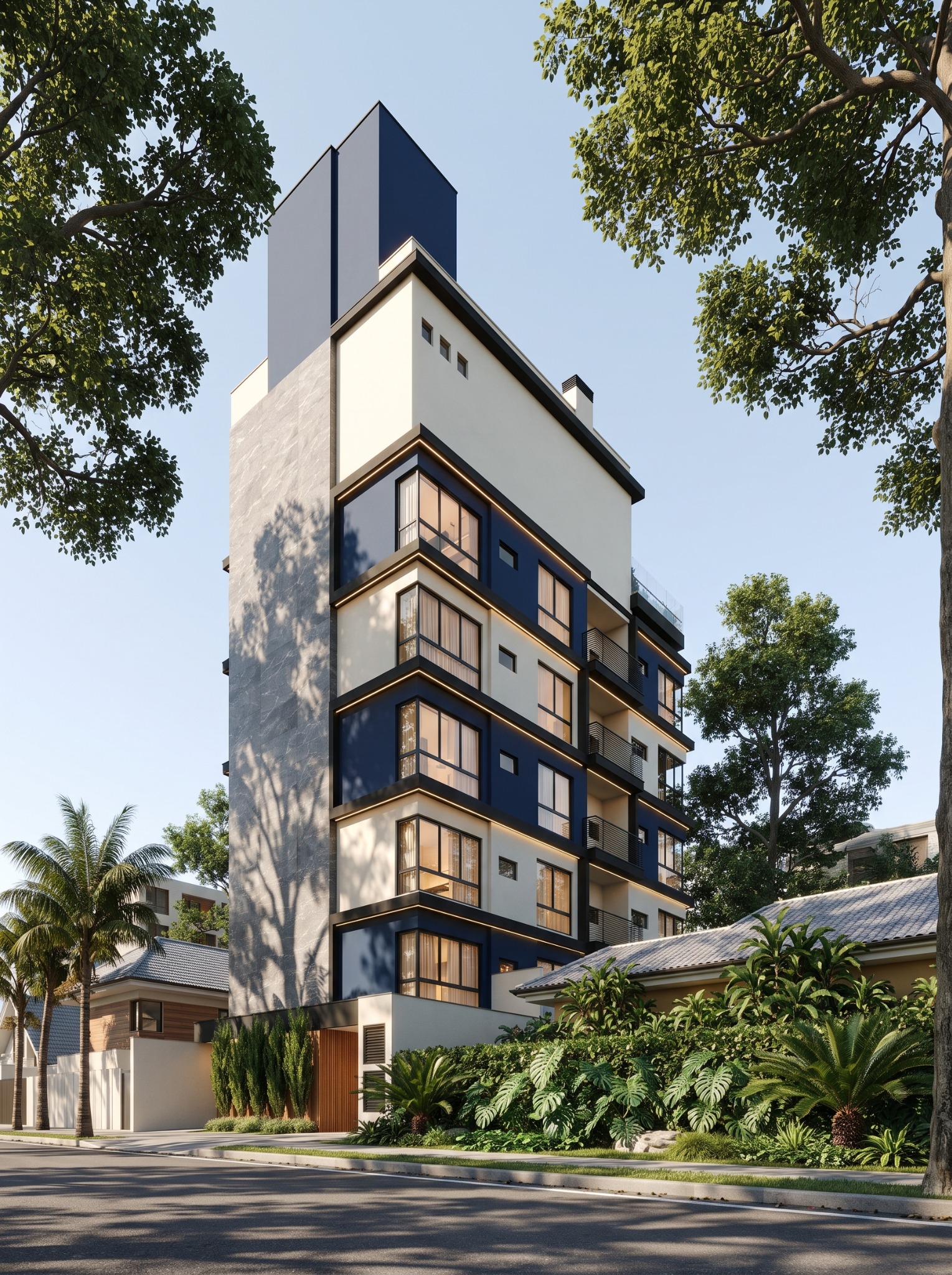 Edifício residencial multifamiliar vertical com fachada azul e branca