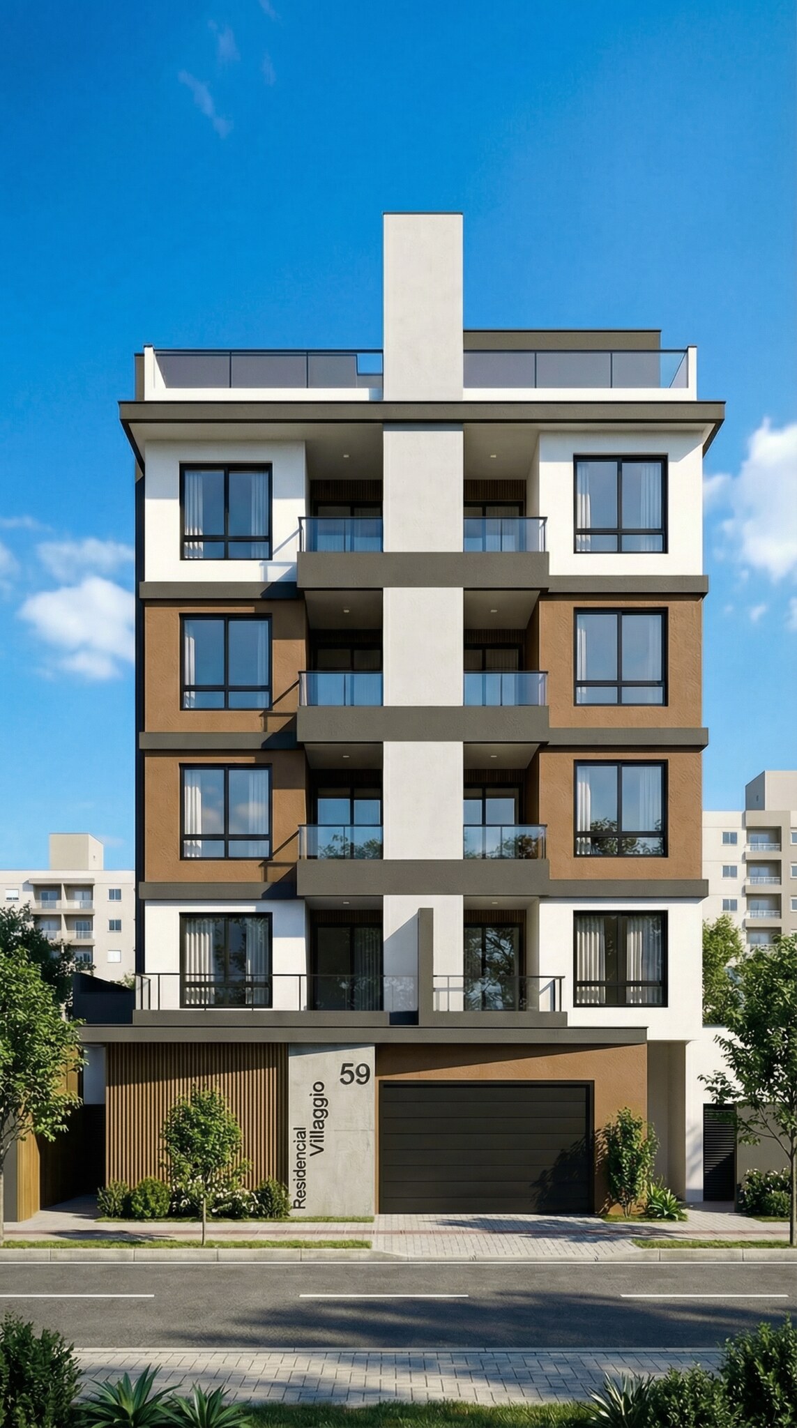 Edifício multifamiliar com apartamentos, sacadas e cobertura