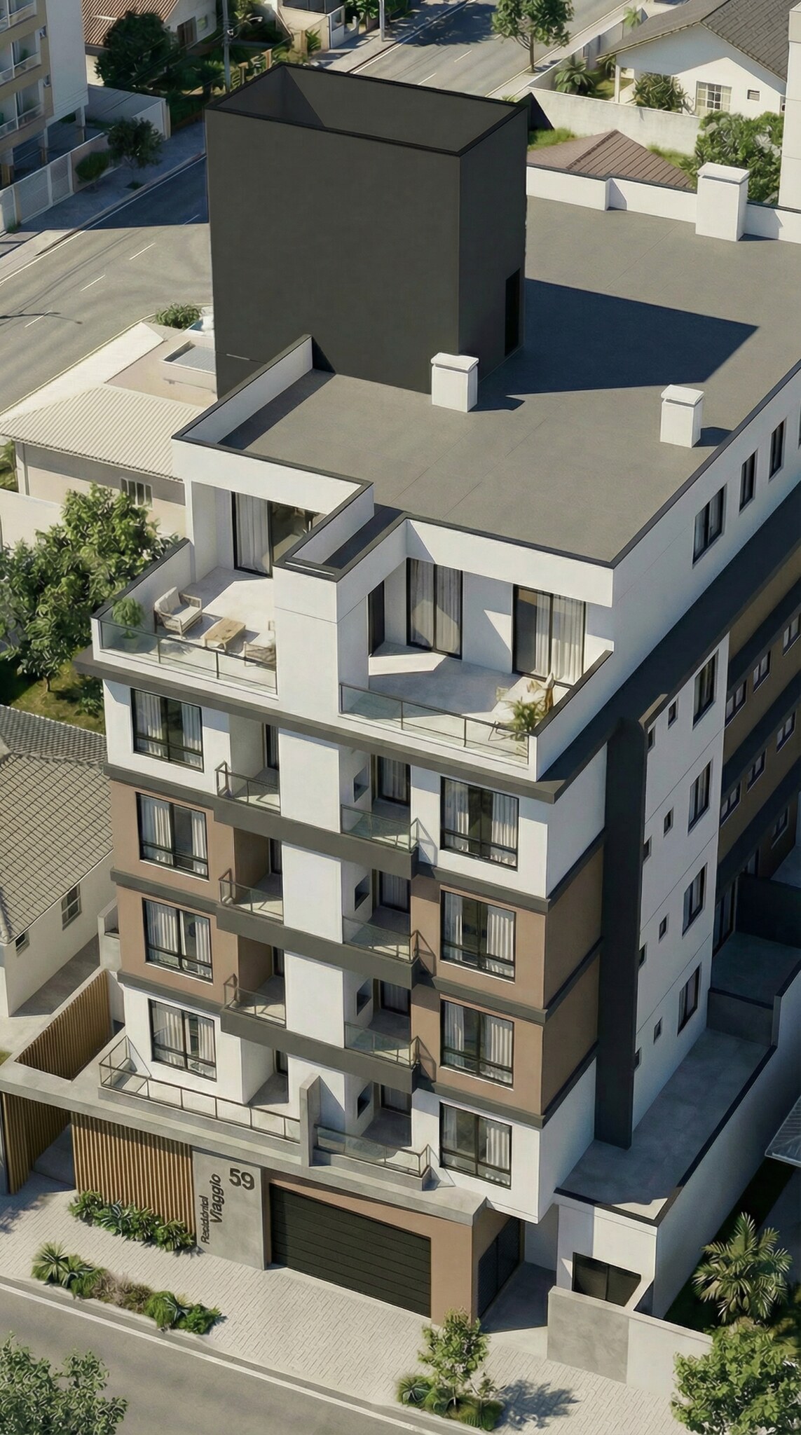 Vista aérea de edifício multifamiliar com apartamentos e terraços