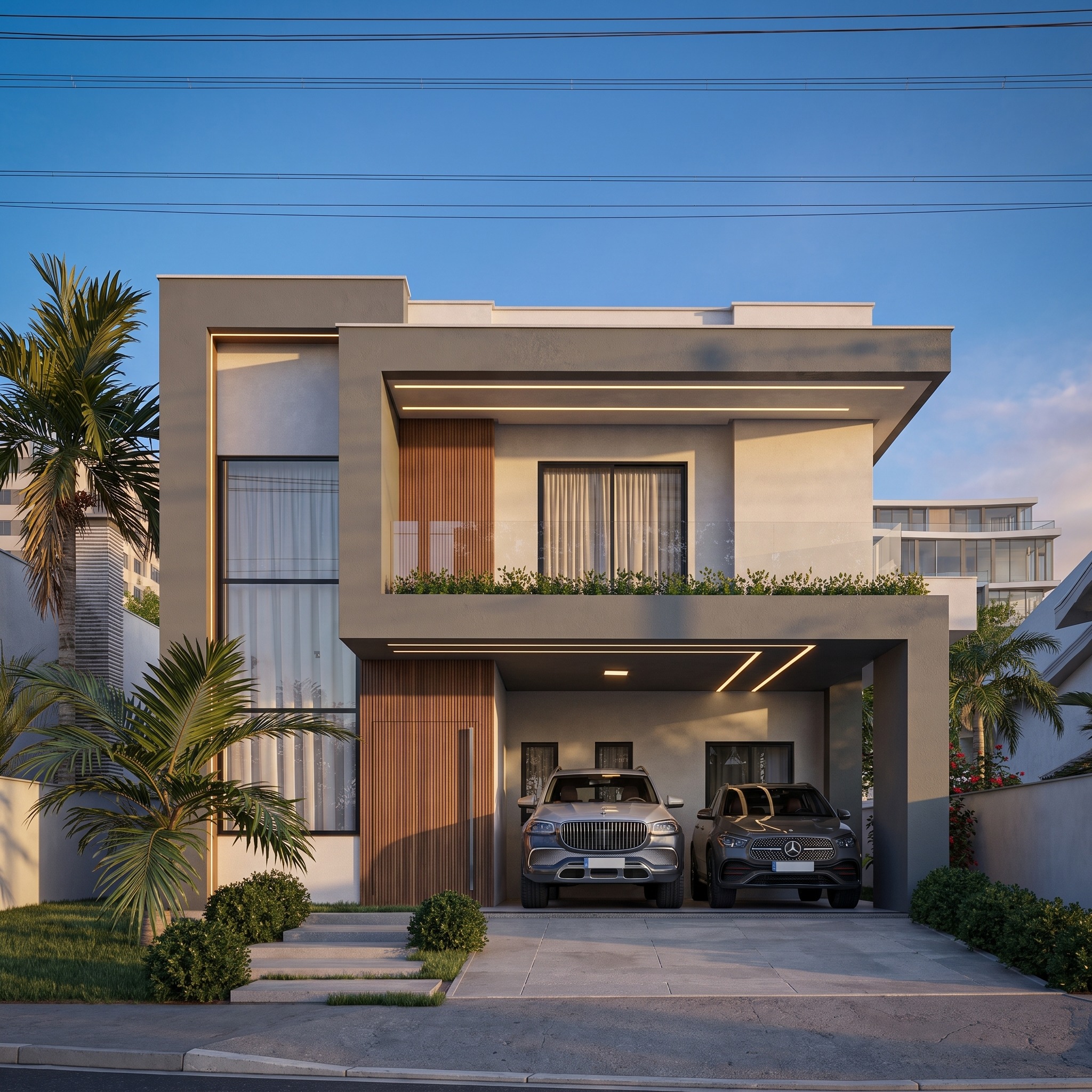 Casa unifamiliar moderna de dois pavimentos com garagem para dois veículos