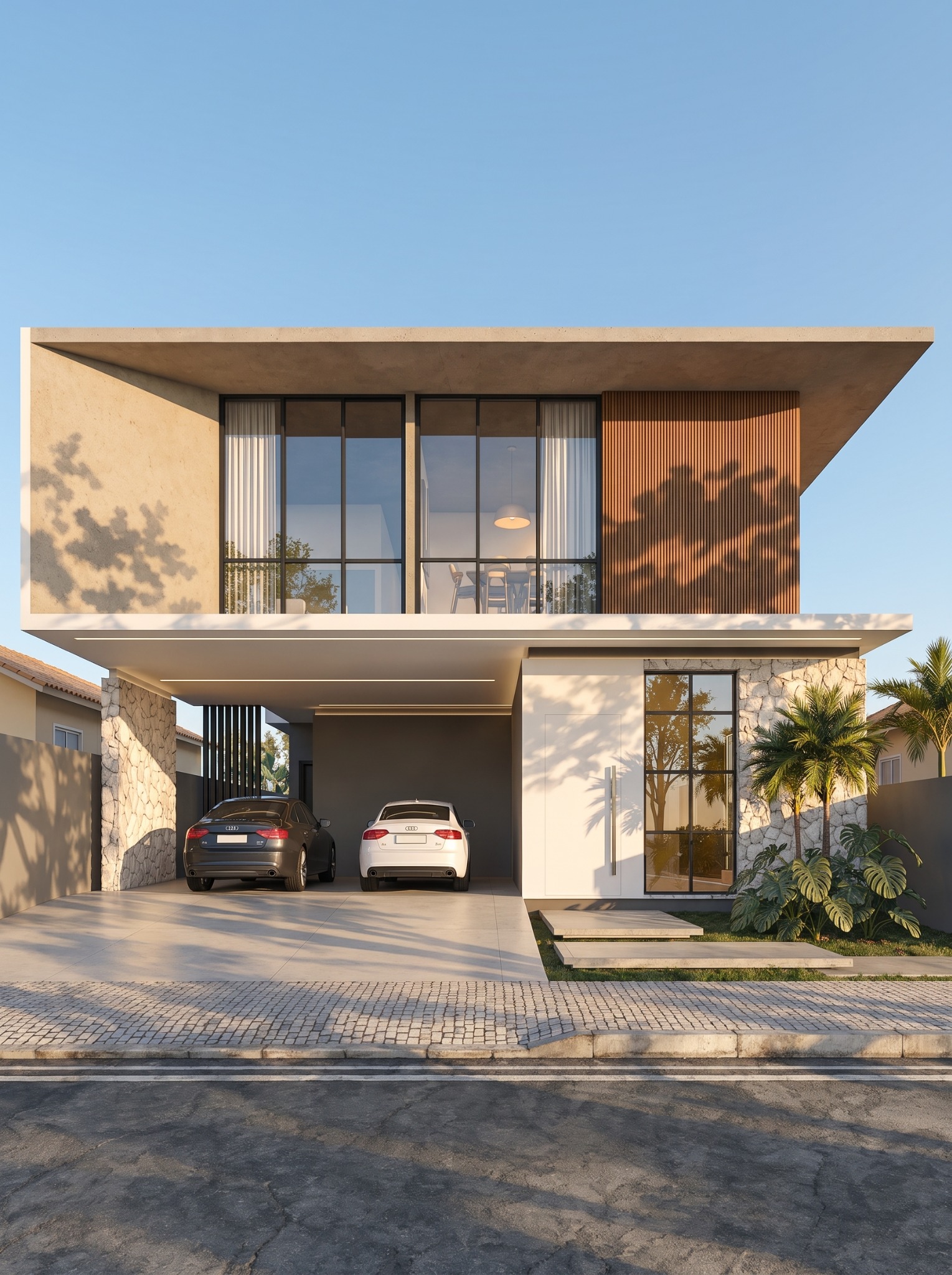 Casa moderna com grandes aberturas, madeira e pedra natural